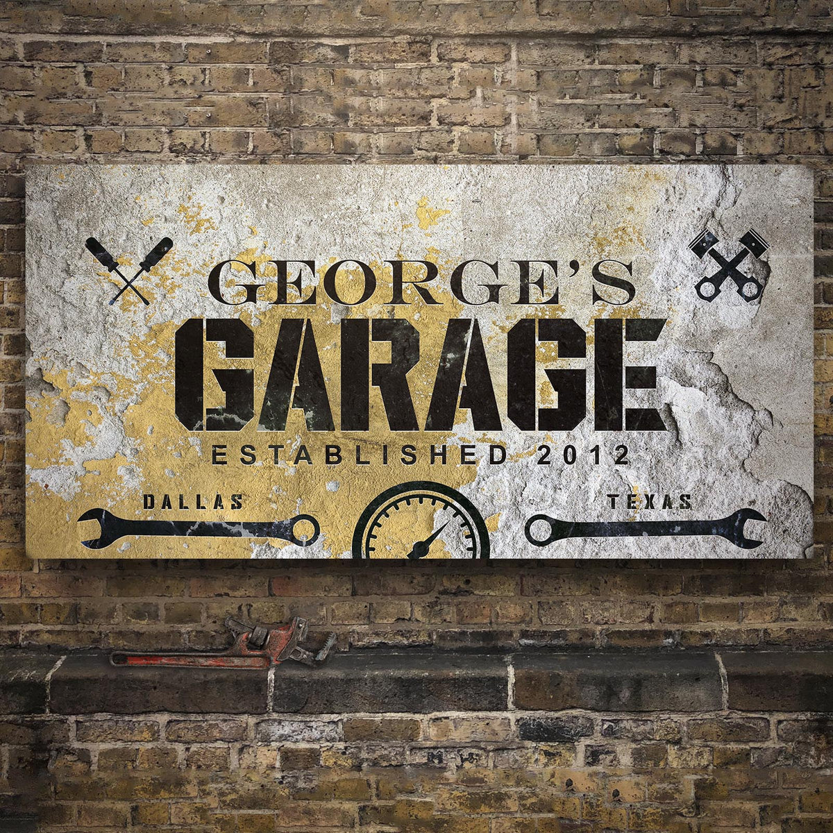 Man Cave Garage Sign with weathered finish, bold GARAGE lettering and crossed wrench icons on Tampa Home & Garden Store