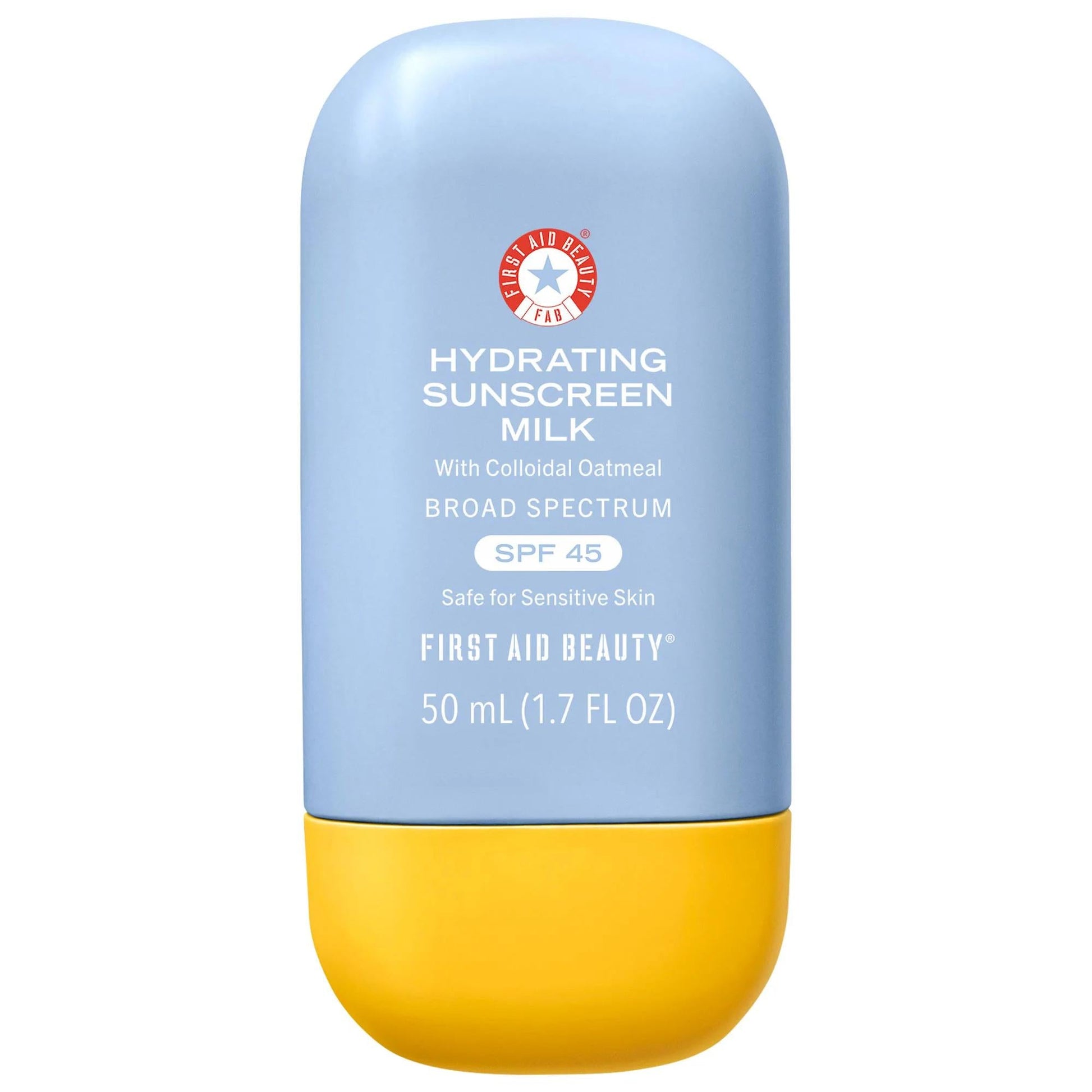 First Aid Beauty Hydrating Sunscreen Milk bottle, blue with yellow cap, SPF 45 on Tampa Home & Garden Store