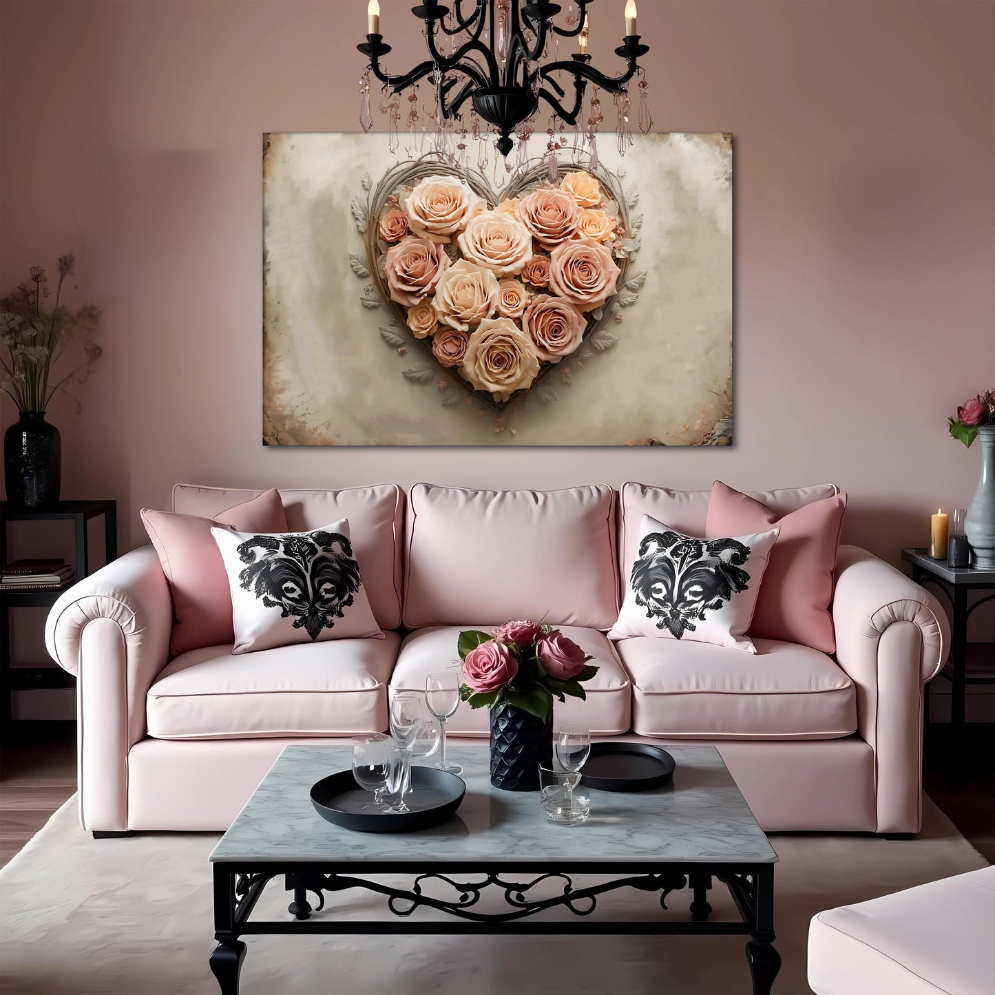 Canvas wall art 3D Floral Heart Wall Art III by Tailored Canvases with peach roses in a heart frame on Tampa Home & Garden Store