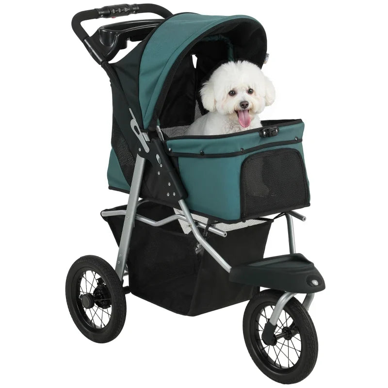 Compact All-Terrain Pet Stroller teal fabric, aluminum frame, dog in front carrier on Tampa Home & Garden Store