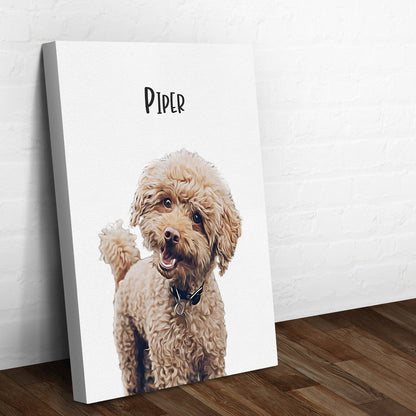 Pet Canvas Sign white canvas with a cheerful tan dog portrait leaning against a white brick wall on Tampa Home & Garden Store