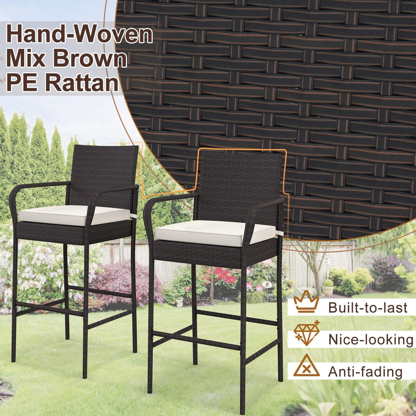 Juego de 2 o 4 taburetes de bar de ratán PE con cojines y reposabrazos para exteriores