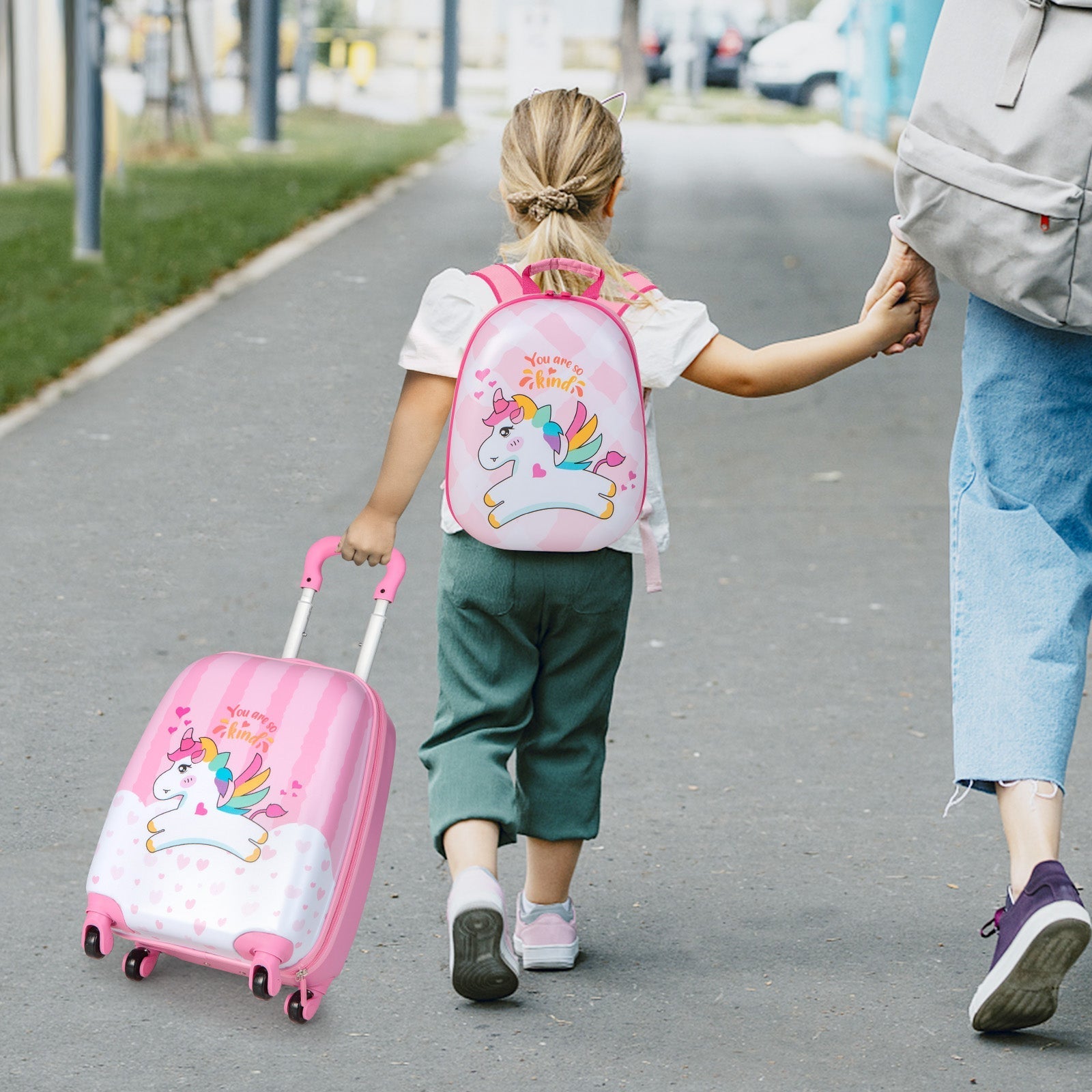 GemGear 2-piece unicorn luggage set with 12in backpack and 16in suitcase in pink print on Tampa Home & Garden Store