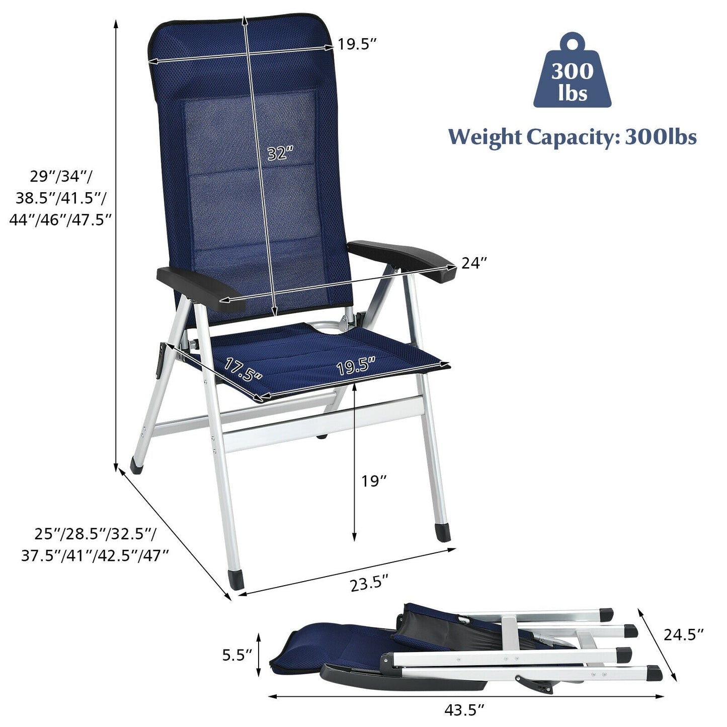 2Pcs Patio Dining Chair with Adjust Portable Headrest-Blue - Tampa Home & Garden Store