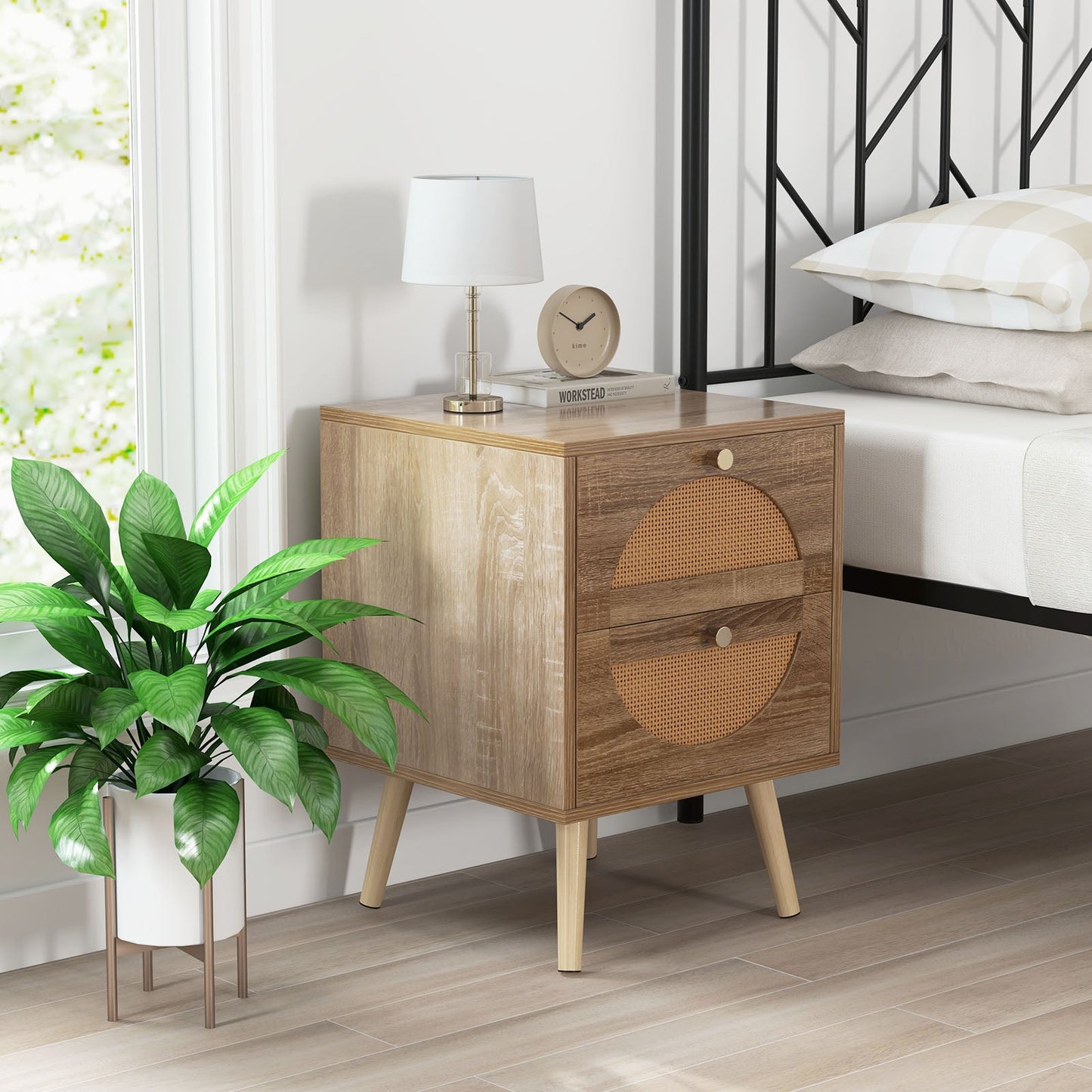 Set of 2 Rattan Nightstand with 2 Drawers and Solid Wood Legs-Natual