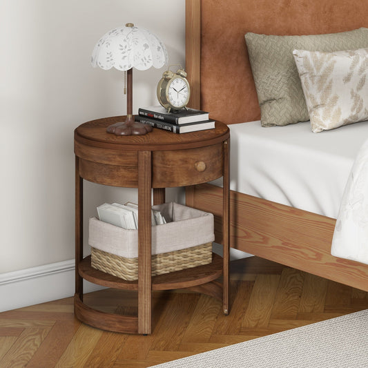 2-Tier Round End Table Mid Century Modern Nightstand with Drawer and Shelf - Tampa Home & Garden Store