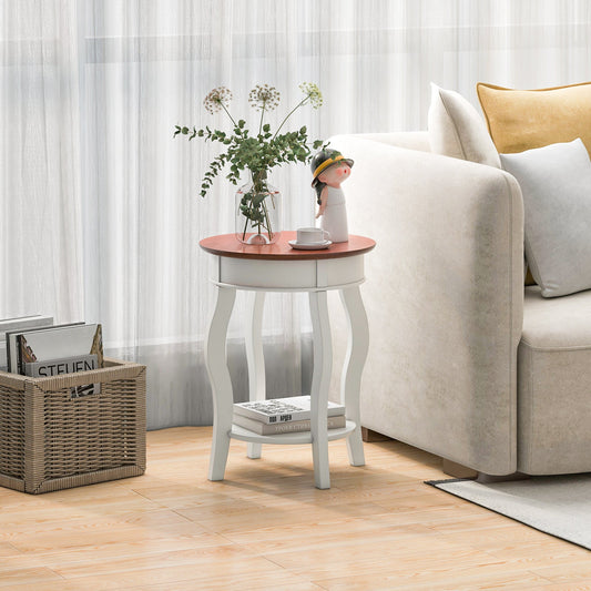 2-Tier Round End Table with Storage Shelf and Solid Rubber Wood Legs-Walnut & White - Tampa Home & Garden Store