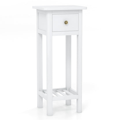 2 Tier Slim Nightstand Bedside Table with Drawer Shelf-Brown
