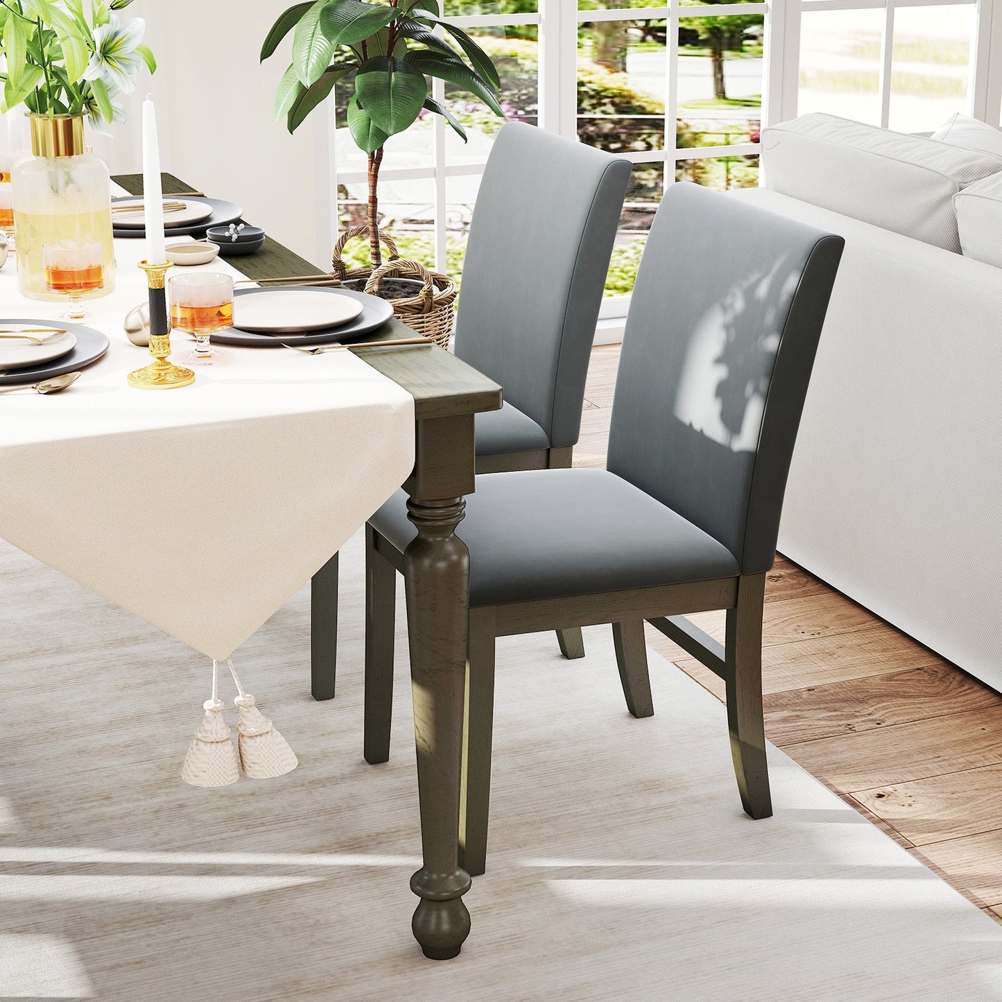 Juego de 2 sillas de comedor tapizadas con patas de madera de caucho y respaldo alto - Gris