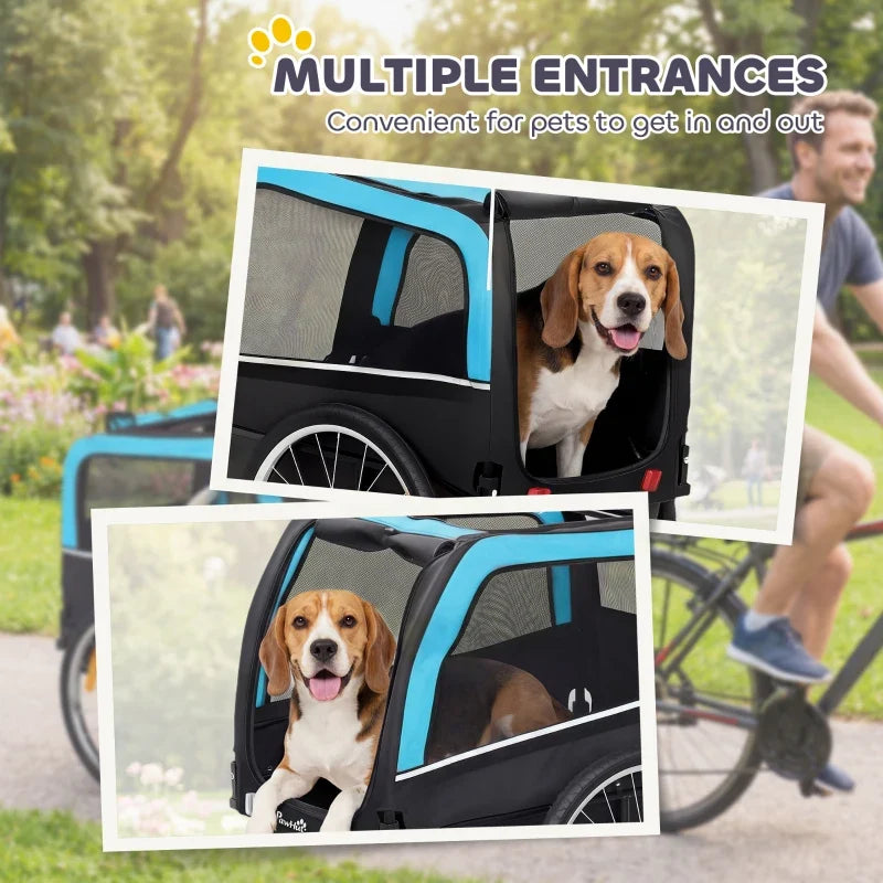 Dog bike trailer by Furr Baby Gifts, black with blue trim, 20 inch air tires, reflectors, flag on Tampa Home & Garden Store