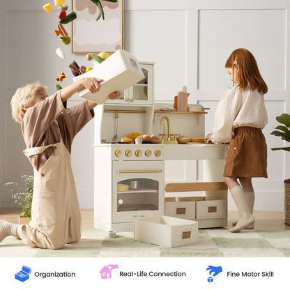 Tiny Land wooden play kitchen with storage, white and brass hardware; two kids playing on Tampa Home & Garden Store