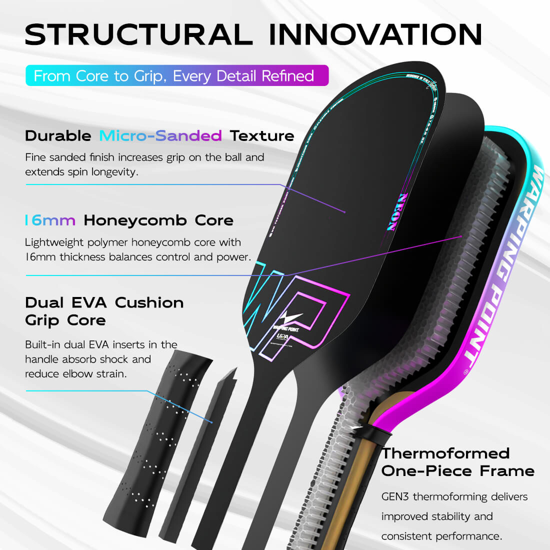 Warping Point Neon Pickleball Paddle Gen 3 in black with neon teal and purple accents on Tampa Home & Garden Store