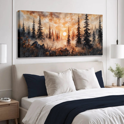 Rustic Forest Sunset Canvas wall art with orange sky and tall pines by Tailored Canvases on Tampa Home & Garden Store