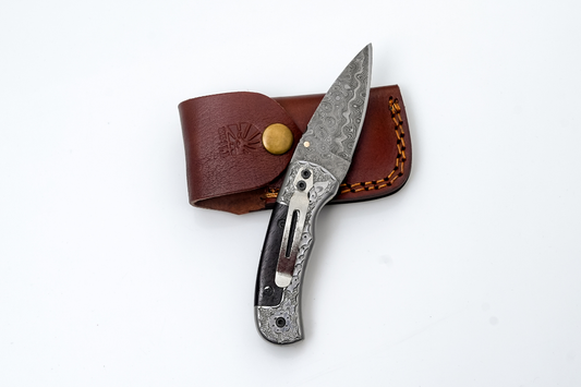 Hand-Forged Damascus Folding Knife TF-074 with dark wood handle and engraved bolster Titan on Tampa Home & Garden Store