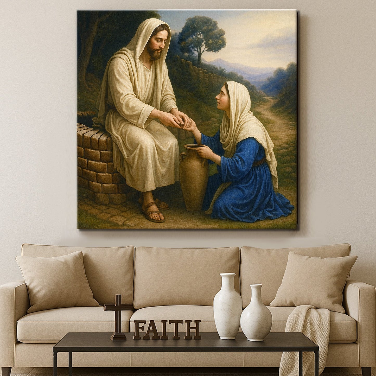 Samaritan at the Well Faith Wall Art canvas Tailored Canvases, Jesus in beige robes with blue on Tampa Home & Garden Store