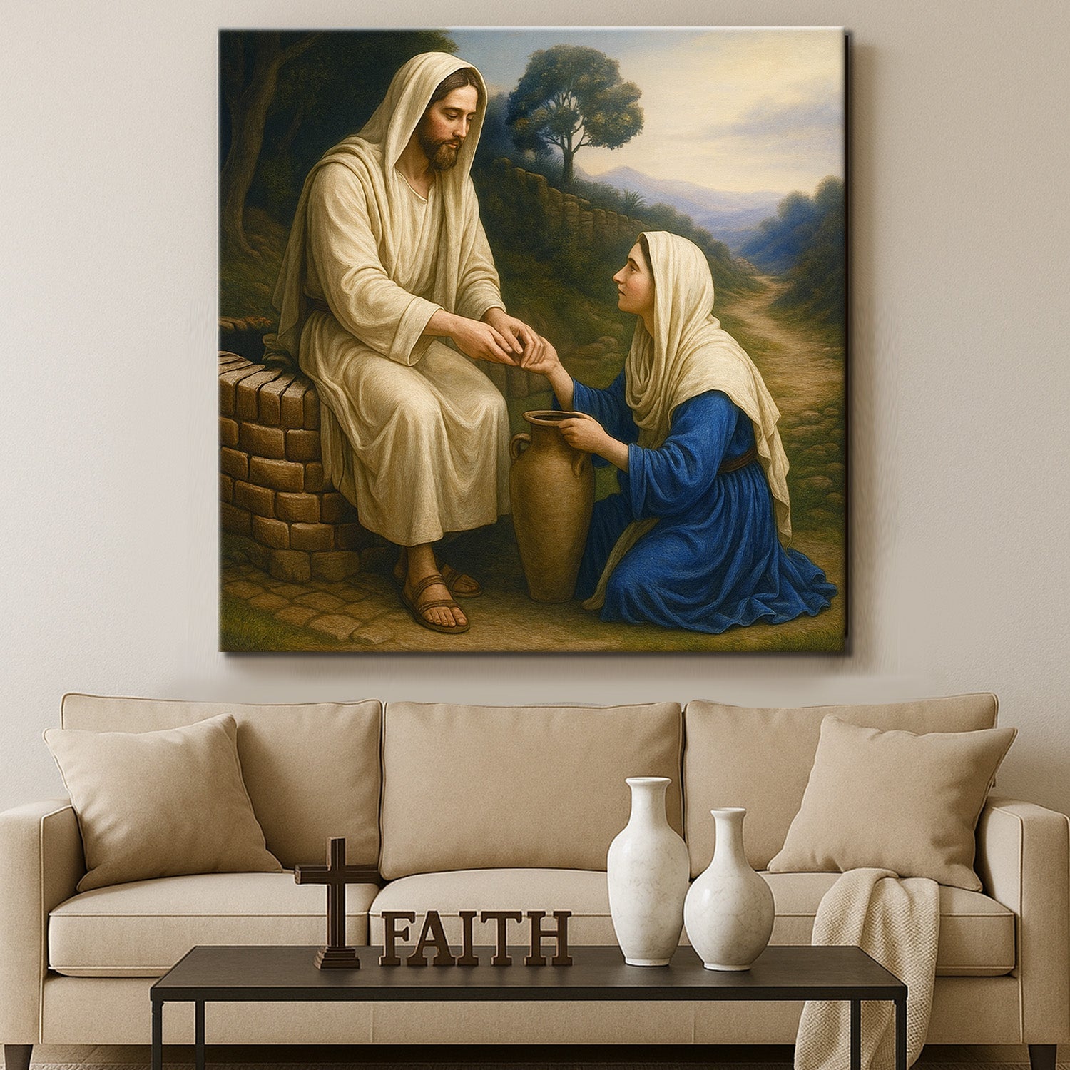 Samaritan at the Well Faith Wall Art canvas Tailored Canvases, Jesus in beige robes with blue on Tampa Home & Garden Store