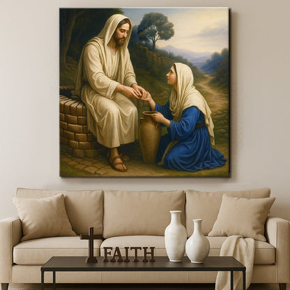 Samaritan at the Well Faith Wall Art canvas Tailored Canvases, Jesus in beige robes with blue on Tampa Home & Garden Store