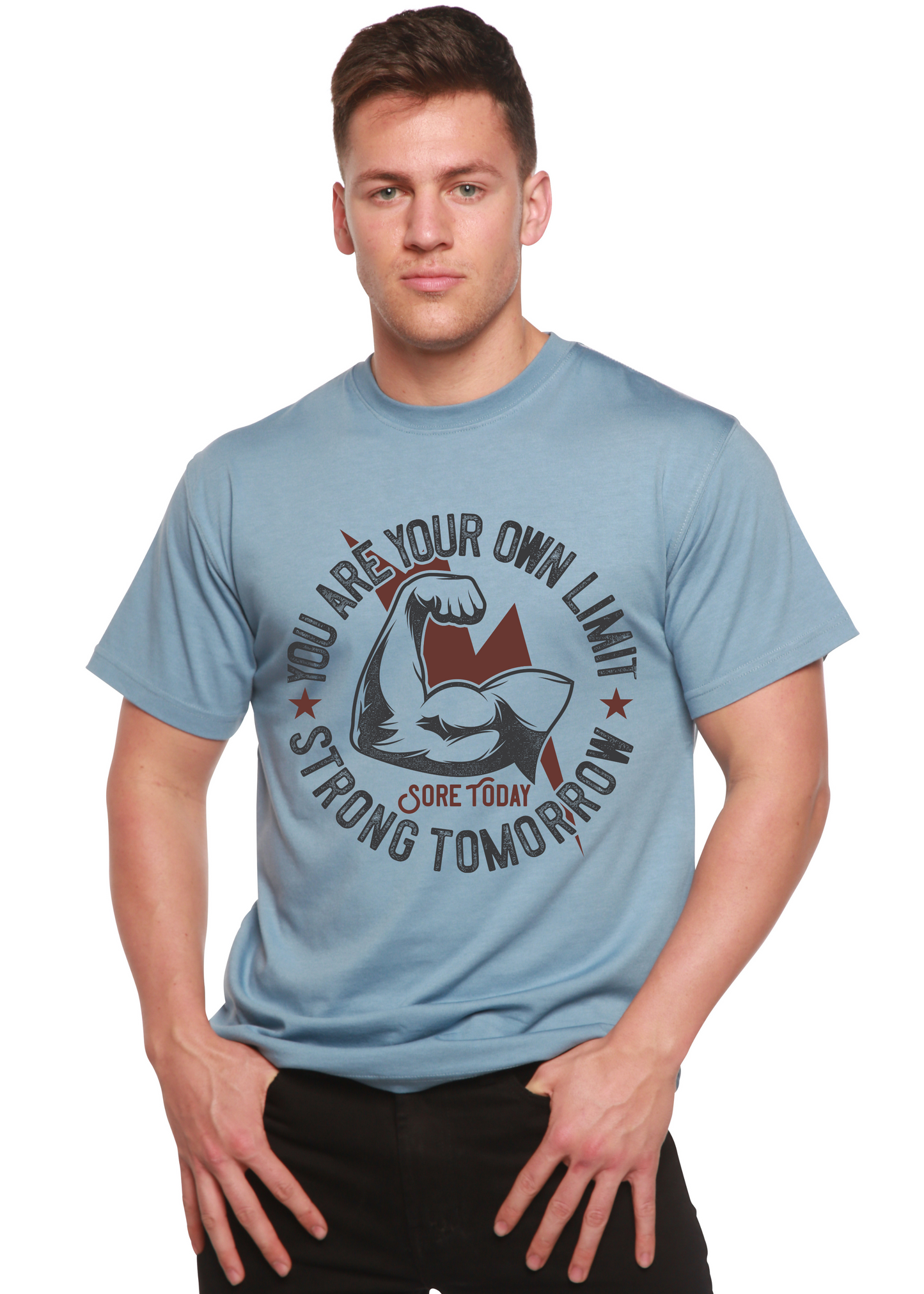 Strong Tomorrow men's bamboo viscose/organic cotton graphic T-shirt, light blue with circular print on Tampa Home & Garden Store