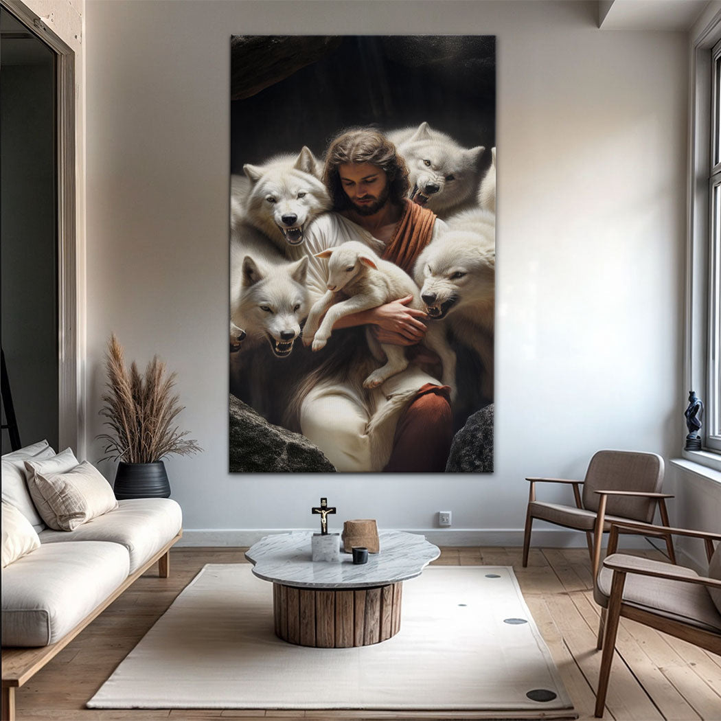 Canvas wall art Jesus Protects The Lamb From Wolves Faith Tailored Canvases crafting canvas on Tampa Home & Garden Store