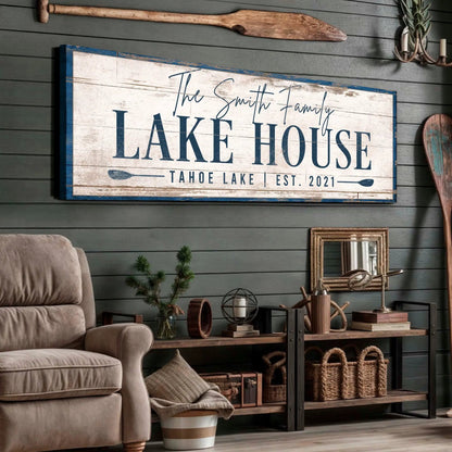 Personalized Lake House Sign Canvas with white panel and blue border Tailored Canvases on Tampa Home & Garden Store