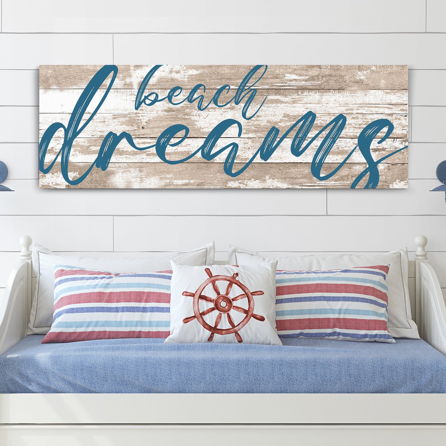 Beach Dreams Sign crafting canvas by Tailored Canvases on weathered wood backdrop on Tampa Home & Garden Store