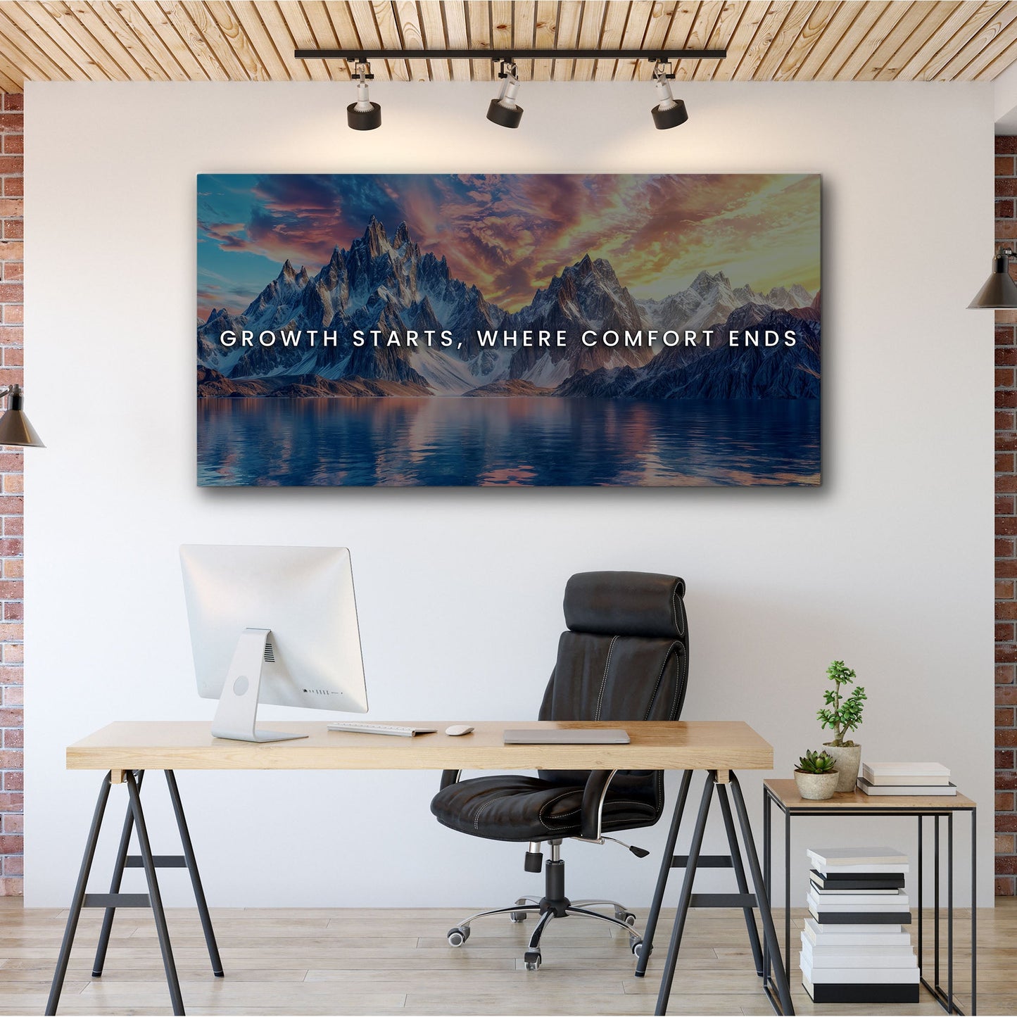 Tailored Canvases canvas wall art Growth Starts Where Comfort Ends with mountain sunset scene on Tampa Home & Garden Store