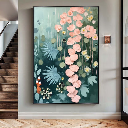 Secret Garden Wall Art II canvas featuring pink blossoms on a teal background, framed on Tampa Home & Garden Store