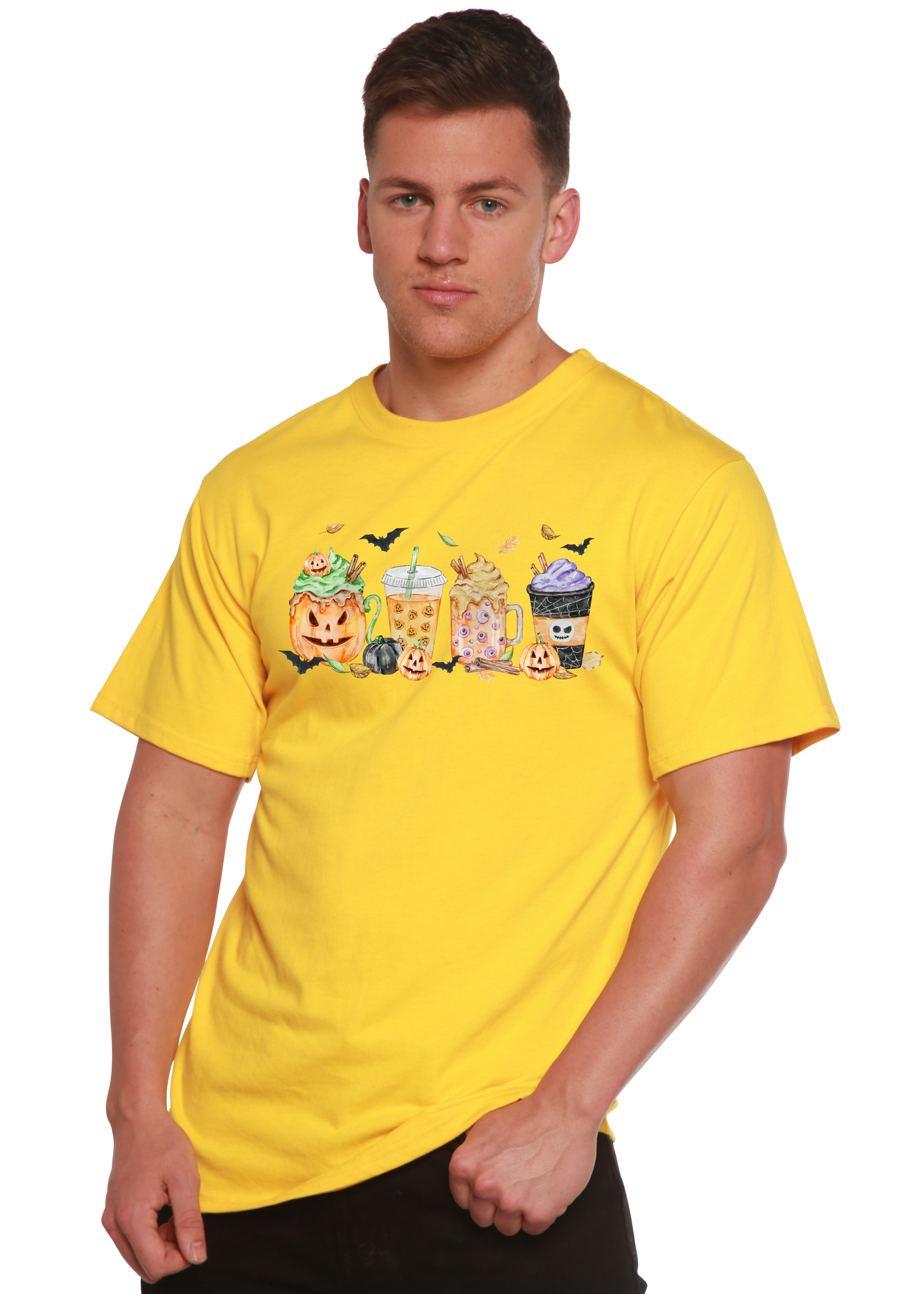 Happy Halloween men's bamboo viscose/organic cotton graphic T-shirt with pumpkin mug print on Tampa Home & Garden Store