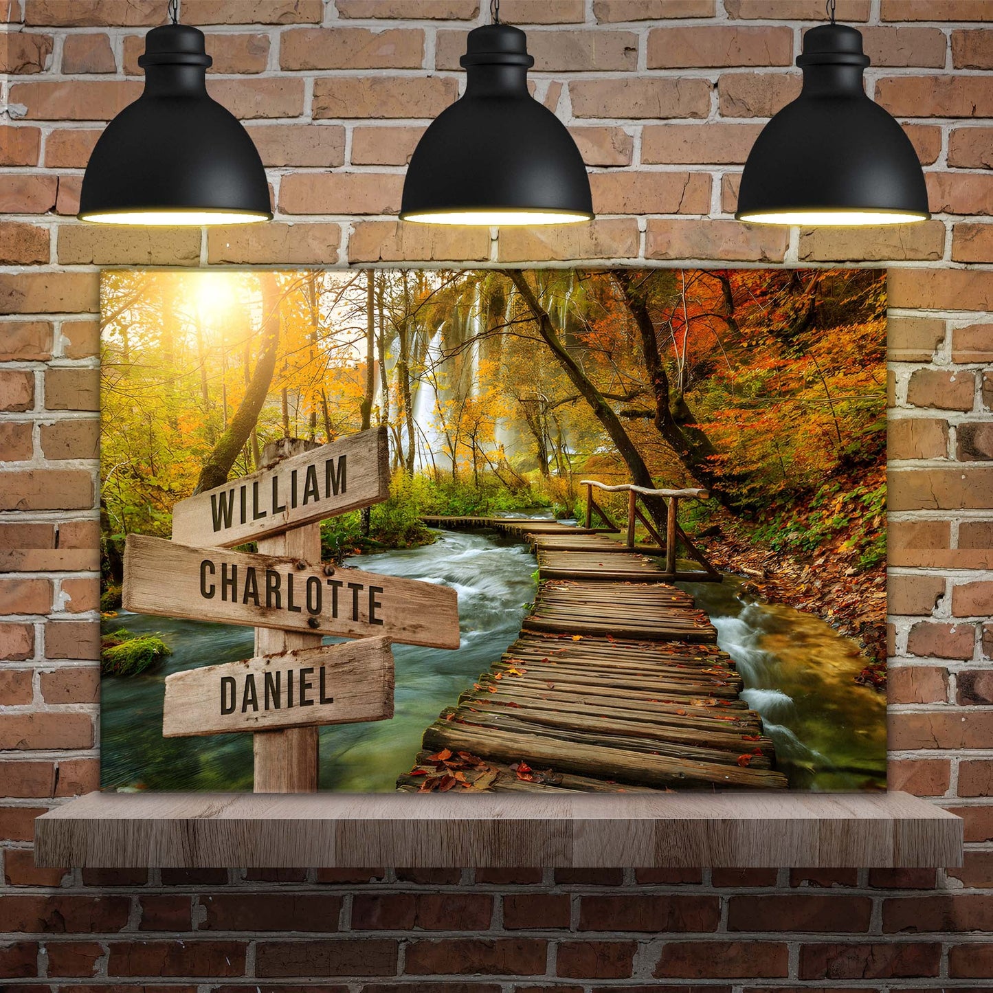 To The Woods Family Names Sign canvas art with autumn forest scene and wooden name signs on Tampa Home & Garden Store