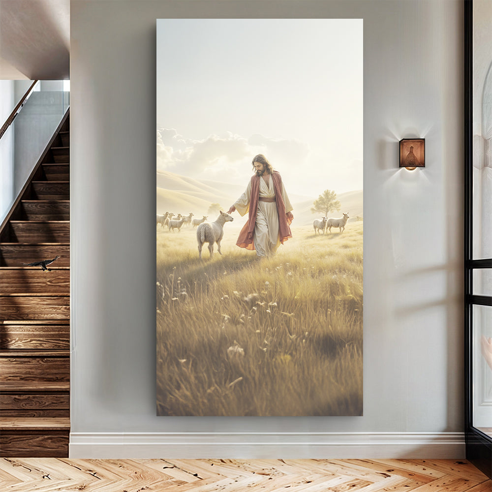 99 Faith Wall Art VI canvas Tailored Canvases; pastoral Jesus with sheep in sunlit meadow on Tampa Home & Garden Store