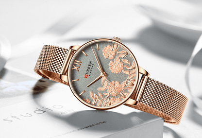 Womens Waterproof Clock with rose gold mesh strap gray floral dial Stevvex ST1CU2800ZCC on Tampa Home & Garden Store