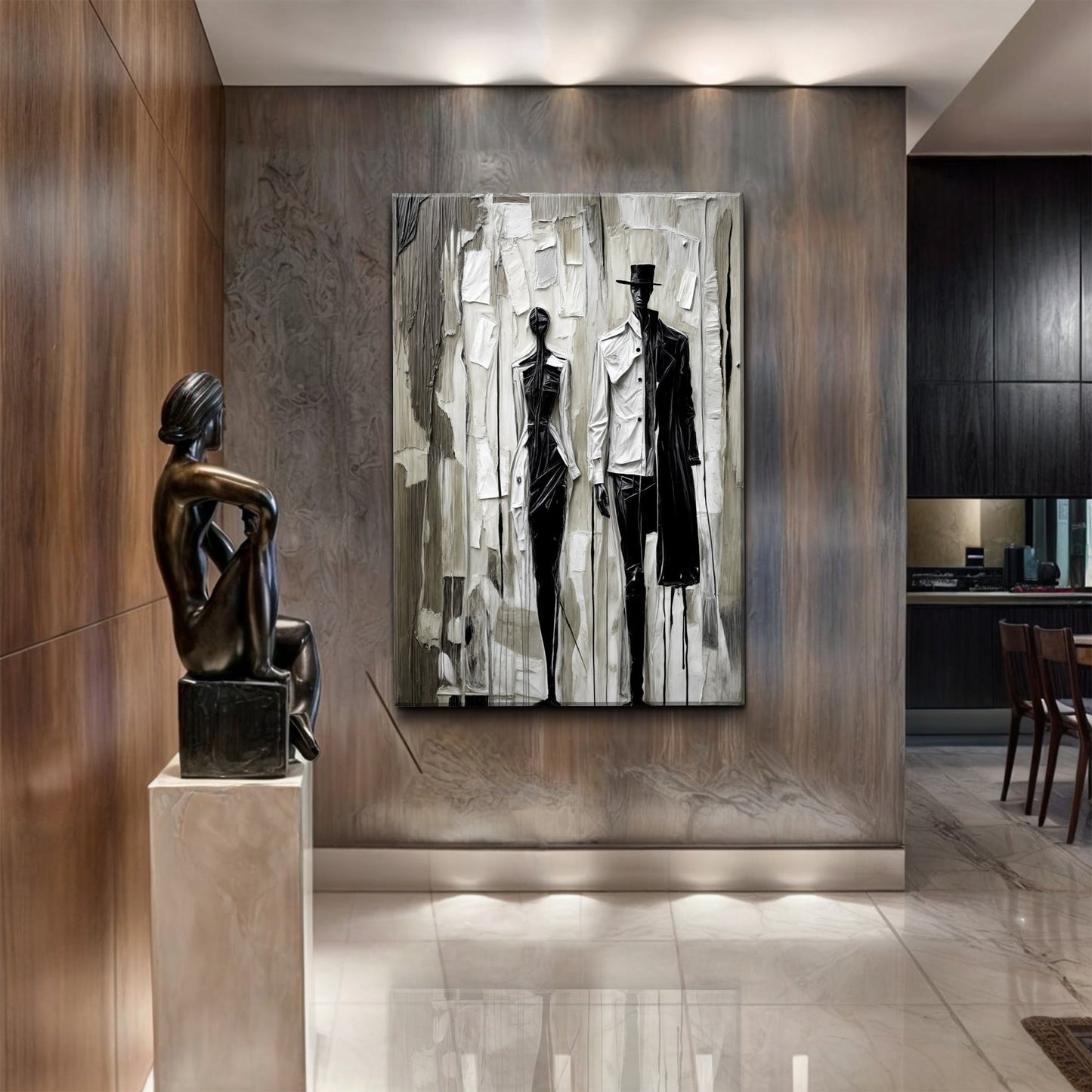 Beige & black minimalist canvas wall art with abstract torn-paper portrait of two suited figures on Tampa Home & Garden Store