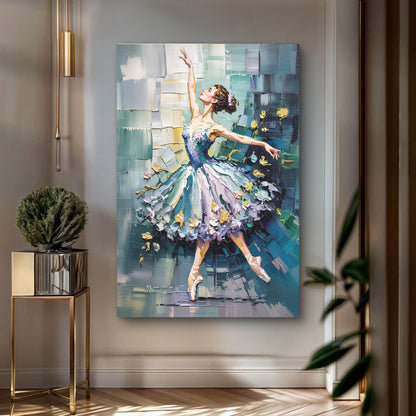 Ballerina Abstract Wall Art canvas by Tailored Canvases; teal blue background with purple dress on Tampa Home & Garden Store