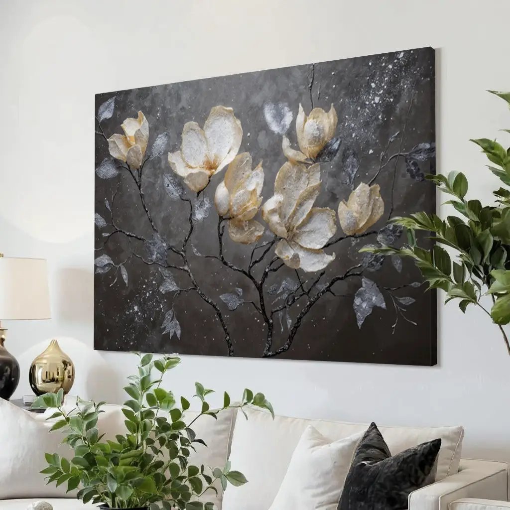 Midnight Magnolias canvas wall art by Tailored Canvases, dark background with beige blooms on Tampa Home & Garden Store