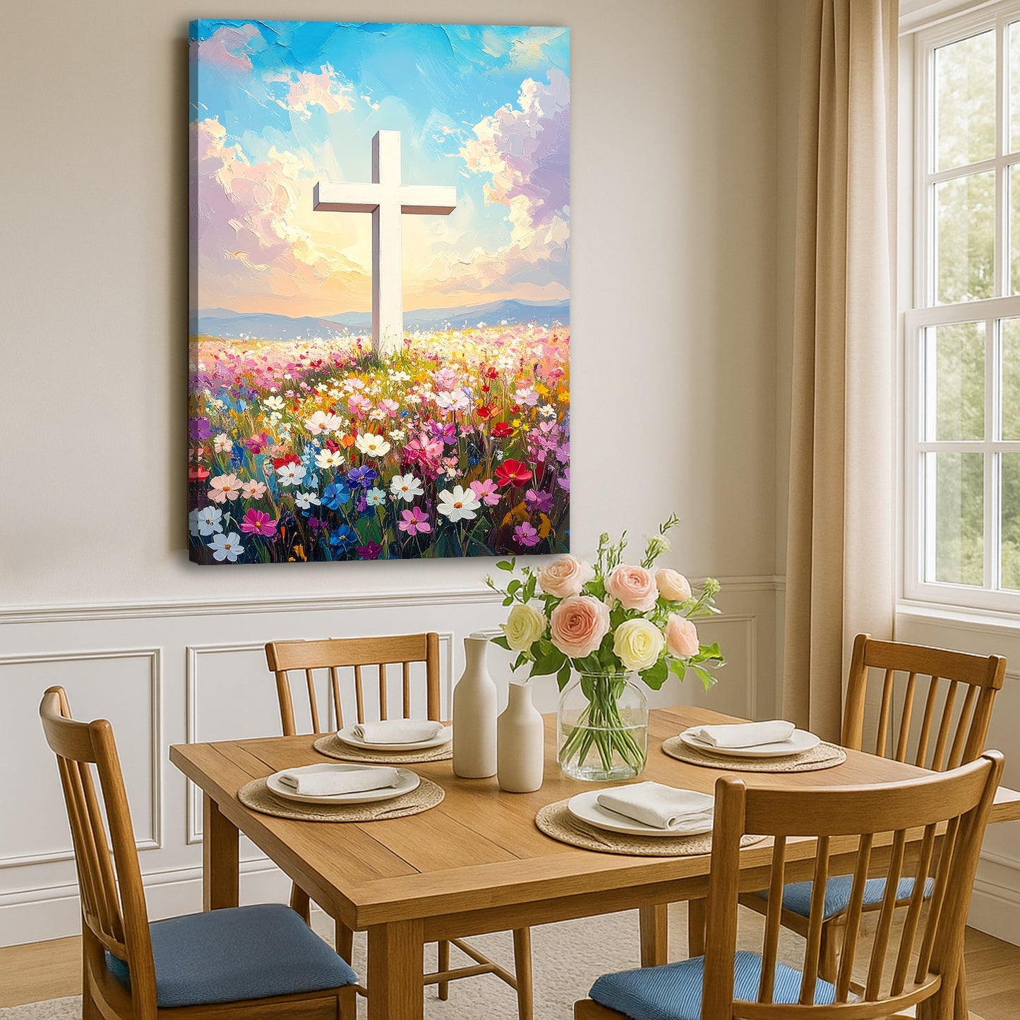 Cross Floral Field Faith Wall Art canvas showing a white cross above a colorful wildflower field on Tampa Home & Garden Store