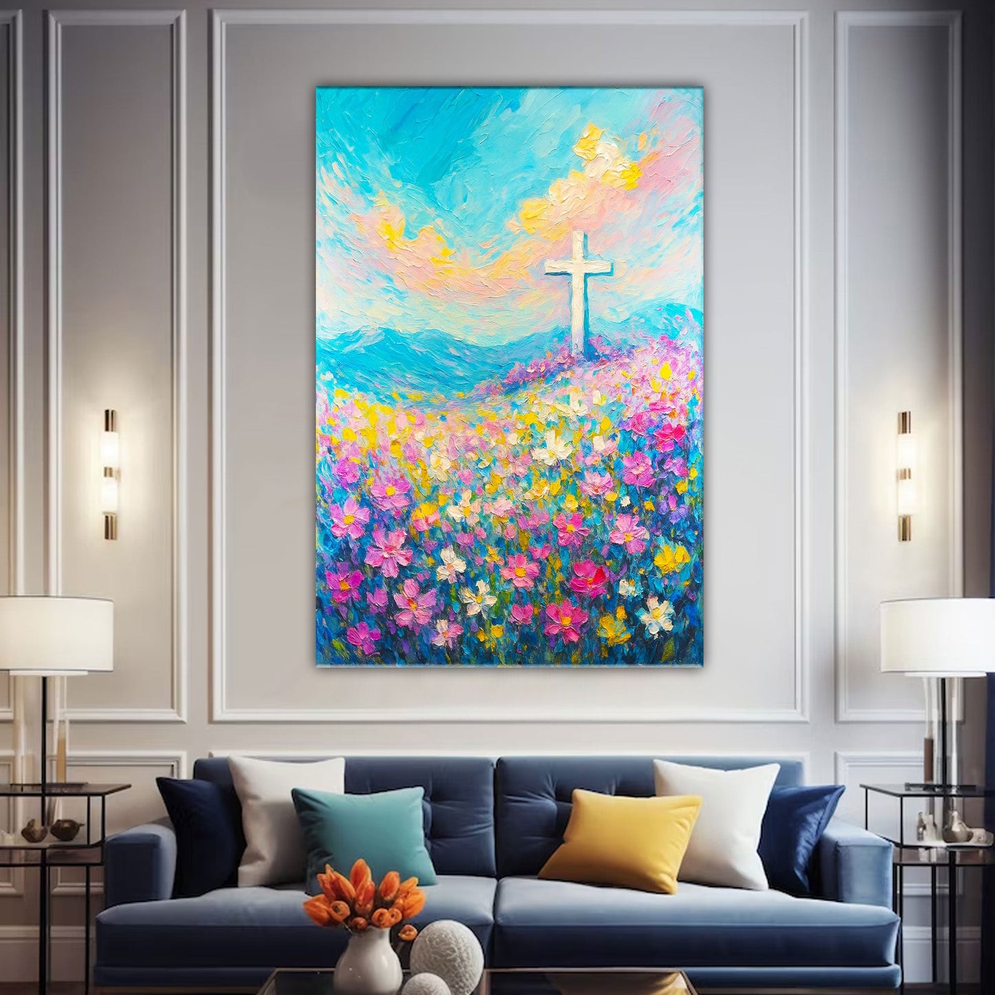 Cross Floral Field Faith Wall Art III canvas painting with turquoise, pink, and yellow on Tampa Home & Garden Store