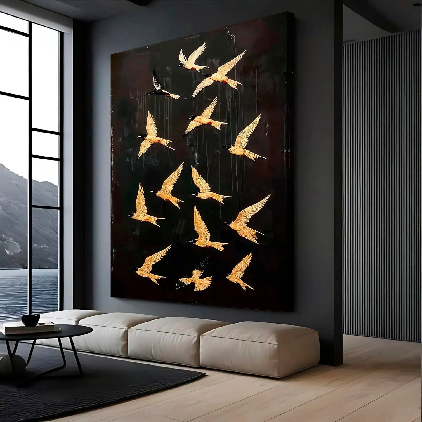 Abstract Flying Swallow Canvas Wall Art by Tailored Canvases, gold birds on dark background on Tampa Home & Garden Store