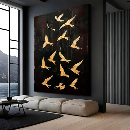 Abstract Flying Swallow Canvas Wall Art by Tailored Canvases, gold birds on dark background on Tampa Home & Garden Store