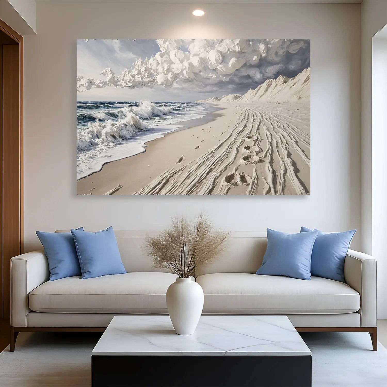 Footprints in the Sand wall canvas by Tailored Canvases, beach scene with footprints and waves on Tampa Home & Garden Store