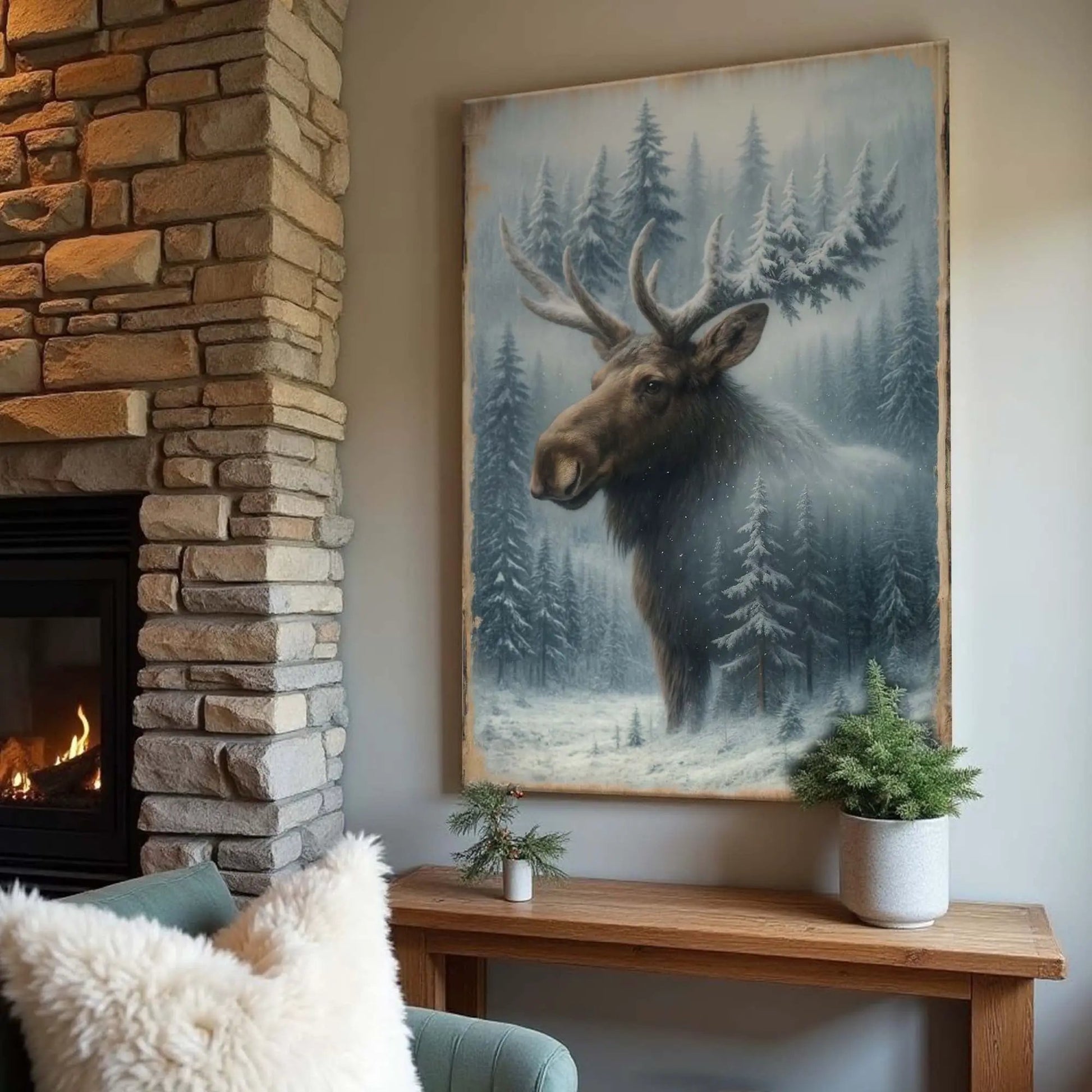 Snowy Forest Moose Double Exposure Canvas Tailored Canvases blue pine forest on Tampa Home & Garden Store