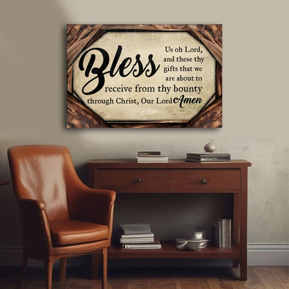 Bless Us Oh Lord Faith Sign II canvas wall art with rustic wood frame and octagonal inset on Tampa Home & Garden Store