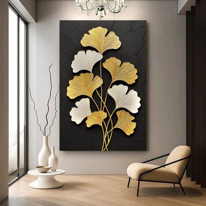 Golden Ginkgo Wall Art canvas with gold leaves on cracked black background on Tampa Home & Garden Store