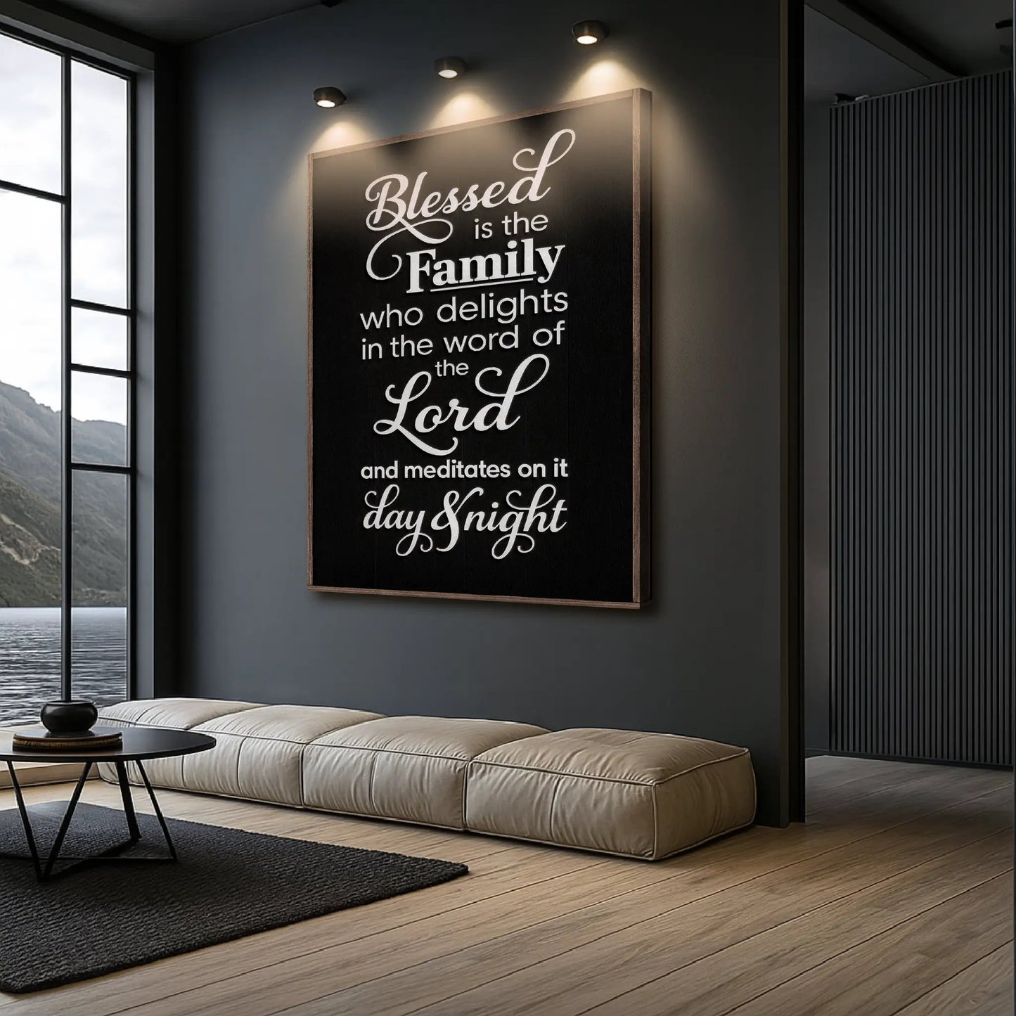 Canvas Blessed Is The Family Faith Sign II by Tailored Canvases in black with white script on Tampa Home & Garden Store