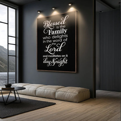 Canvas Blessed Is The Family Faith Sign II by Tailored Canvases in black with white script on Tampa Home & Garden Store