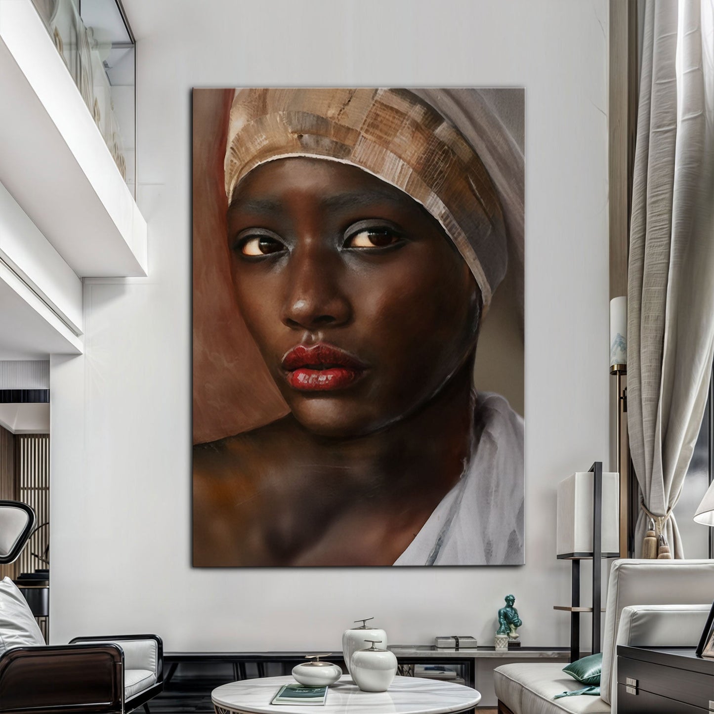 African Woman Painting Wall Art canvas by Tailored Canvases, brown headwrap portrait on Tampa Home & Garden Store