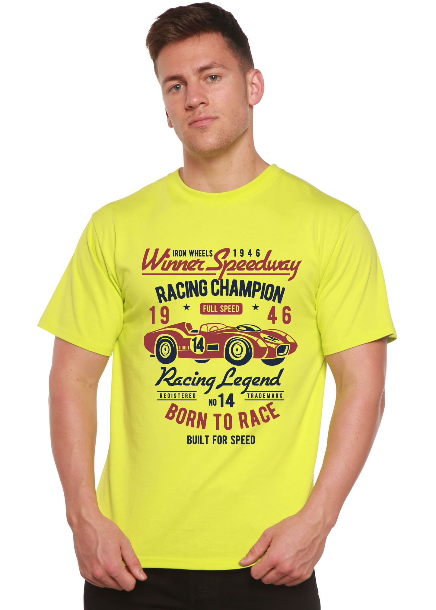 Spun Bamboo men's neon yellow graphic T-shirt with racing car print on Tampa Home & Garden Store