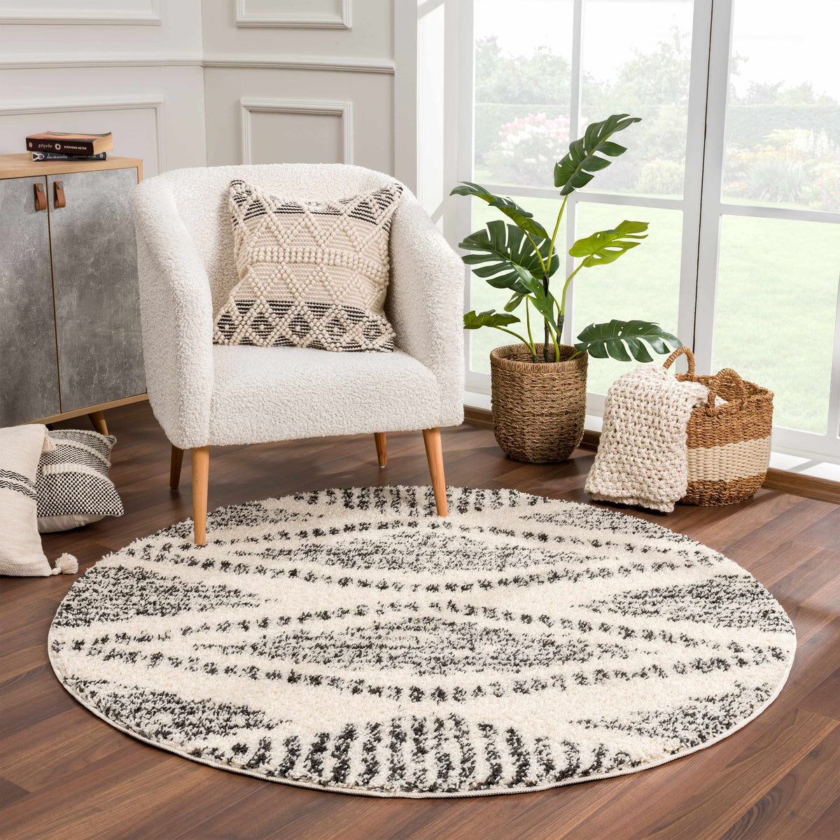 Fishhook Berber Shag Rug round cream with black fishhook motif for cozy living room style on Tampa Home & Garden Store