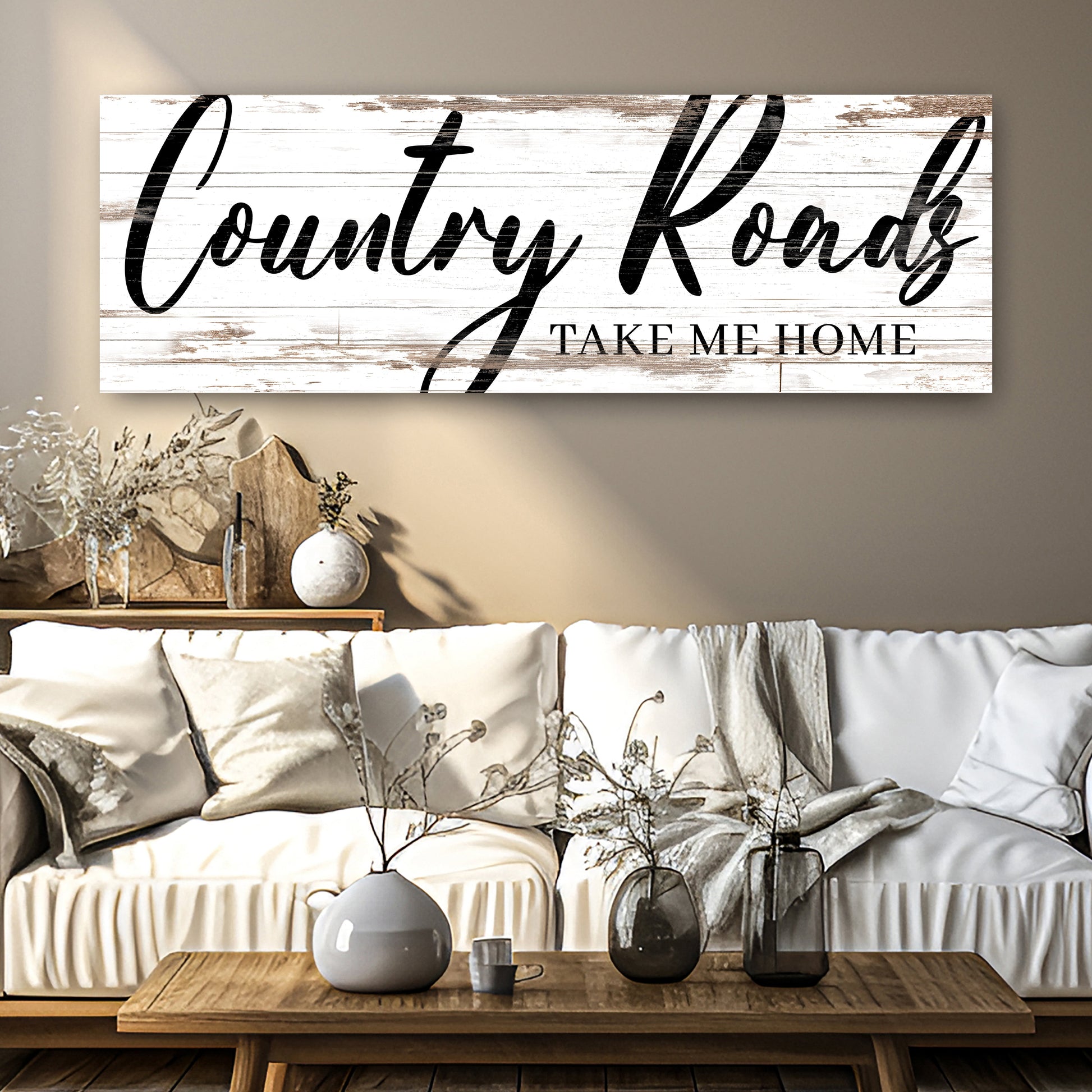 Country Roads Take Me Home Sign II canvas with whitewashed wood background and black script on Tampa Home & Garden Store