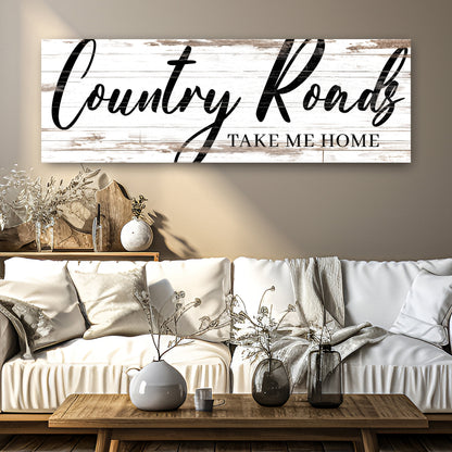 Country Roads Take Me Home Sign II canvas with whitewashed wood background and black script on Tampa Home & Garden Store
