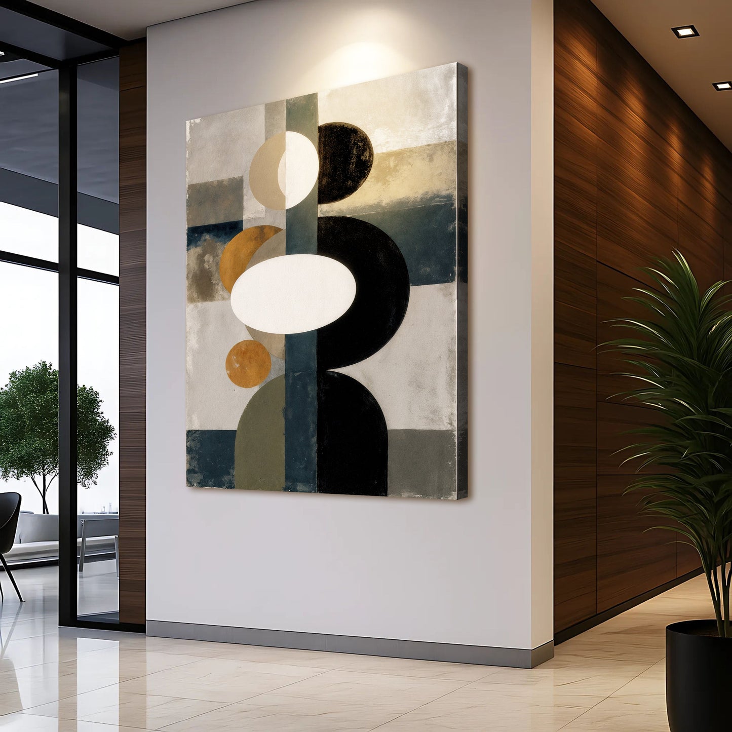 Abstract Contemporary Geometry Wall Art Canvas with circles in beige white black gold teal on Tampa Home & Garden Store